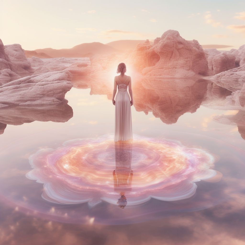 Woman in a flowing dress standing on glowing water surrounded by rocky landscape and a soft sunset sky.